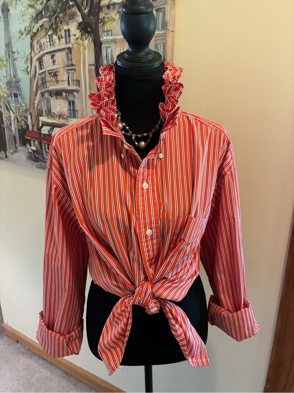 Ralph Lauren Orange & White Striped Ruffle Collar Button-Down